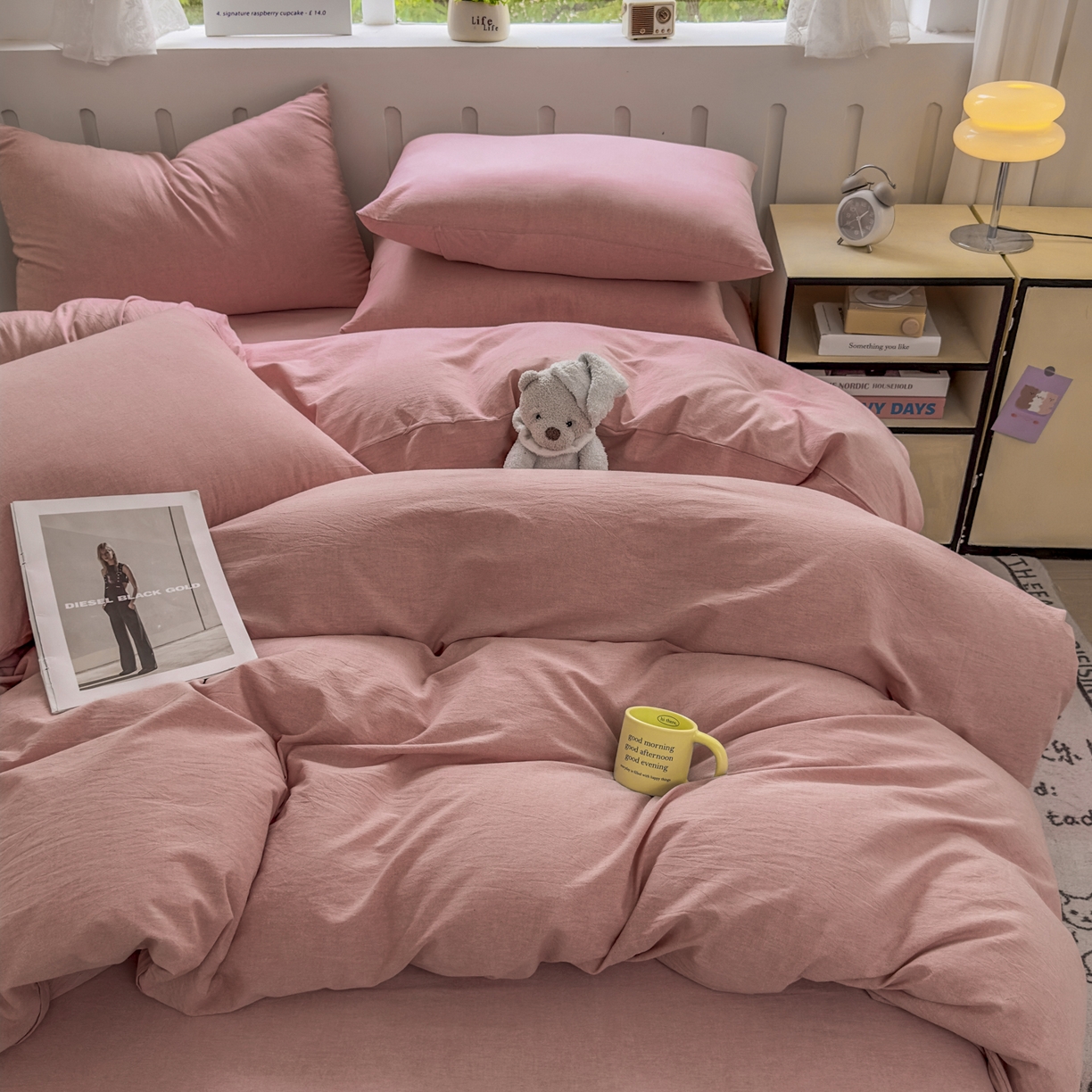 91家纺网 家纺一手货源 找家纺 宜家坊 2025新款A类全棉色织水洗棉四件套纯棉格子纯色被套学生宿舍三件套定制定做 纯色-藕粉