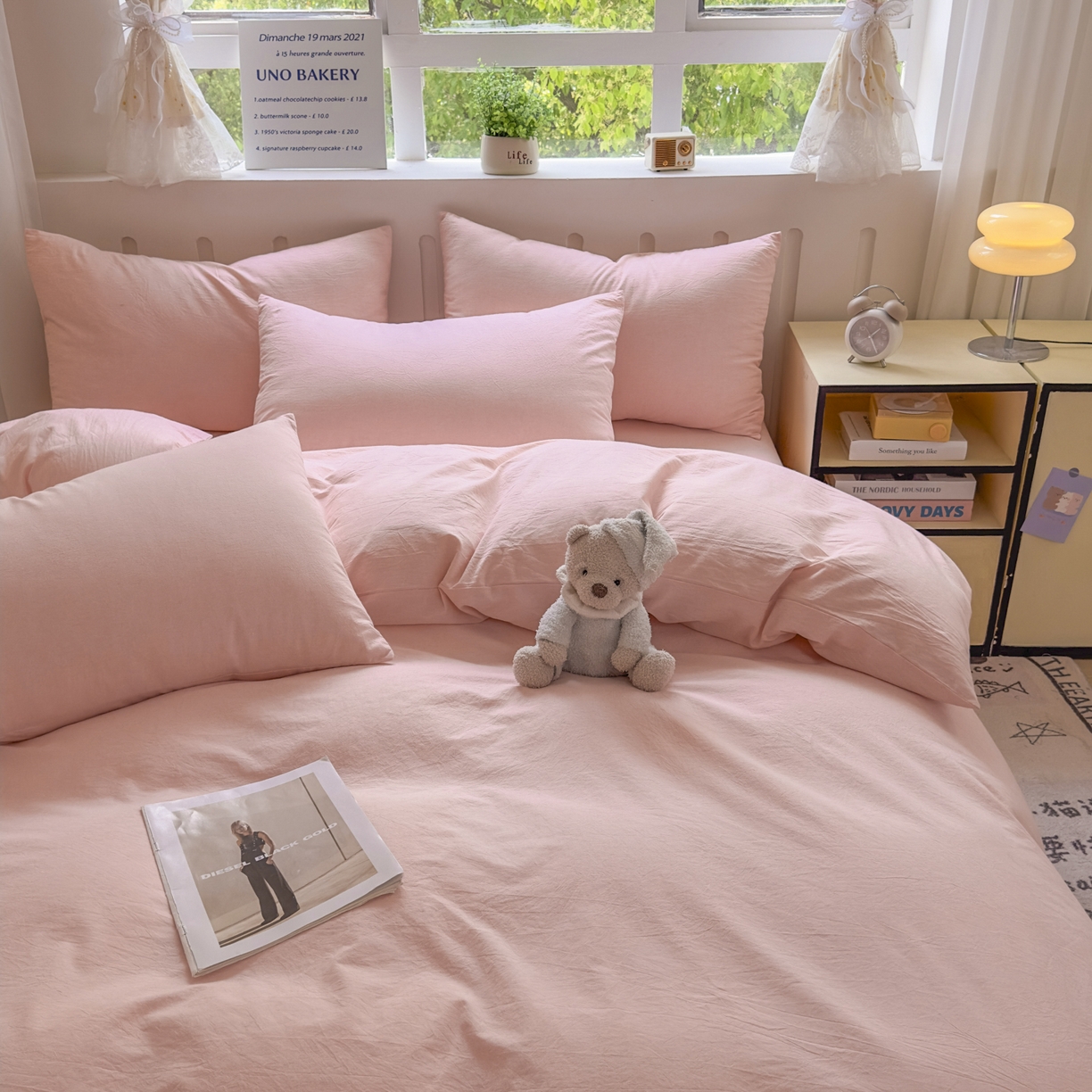 91家纺网 家纺一手货源 找家纺 宜家坊 2025新款A类全棉色织水洗棉四件套纯棉格子纯色被套学生宿舍三件套定制定做 纯色-浅粉