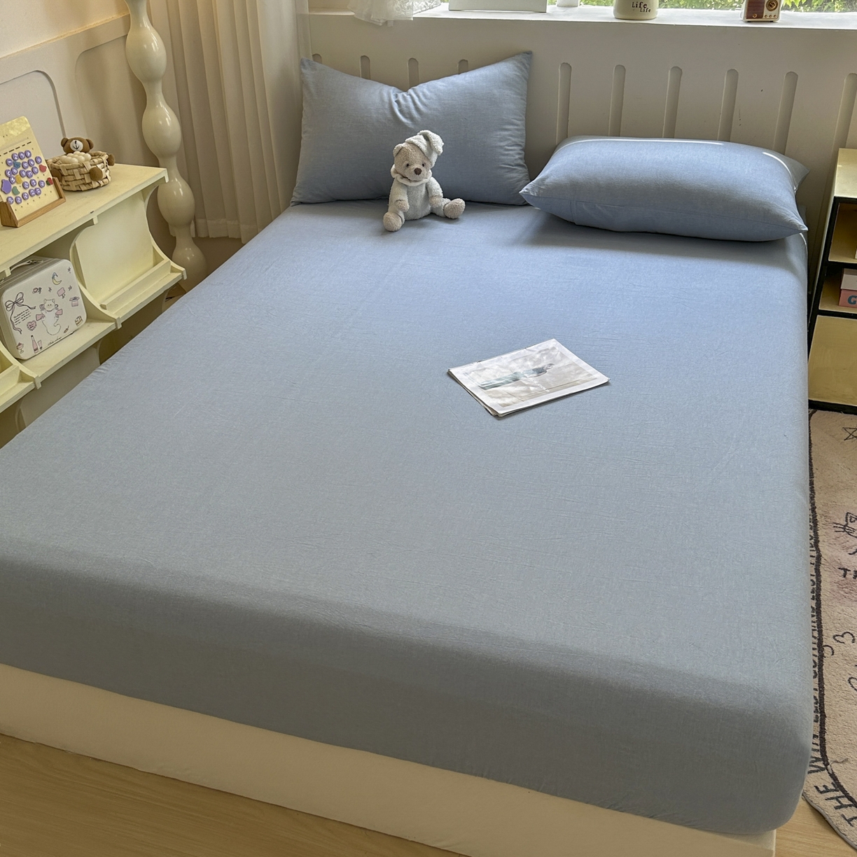 91家纺网 家纺一手货源 找家纺 宜家坊 2025新款A类色织全棉水洗棉床单单件纯棉格子纯色学生宿舍定制定做 纯色-浅蓝