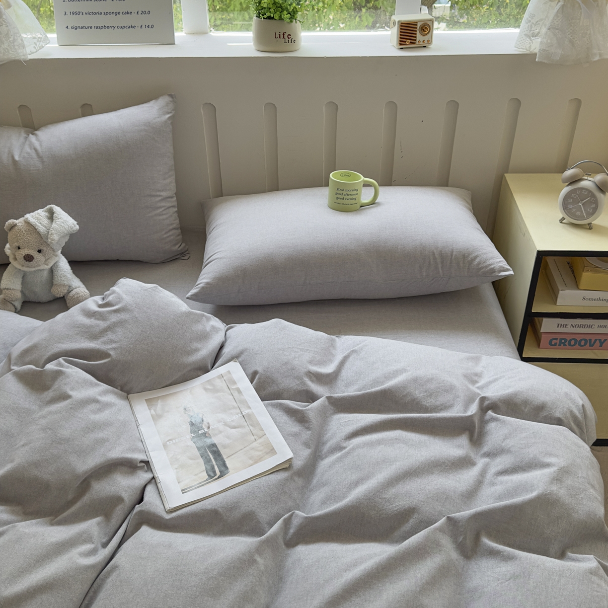 91家纺网 家纺一手货源 找家纺 宜家坊 2025新款A类全棉色织水洗棉四件套纯棉格子纯色被套学生宿舍三件套定制定做 纯色-浅灰