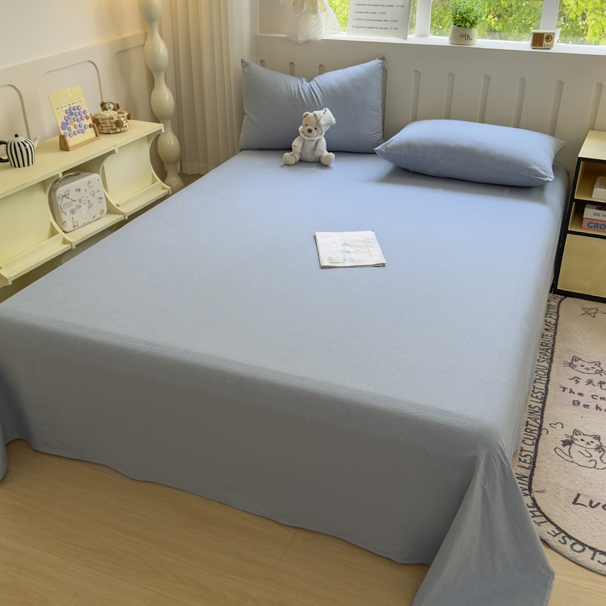 91家纺网 家纺一手货源 找家纺 宜家坊 2025新款A类色织全棉水洗棉床单单件纯棉格子纯色学生宿舍定制定做 纯色-浅蓝