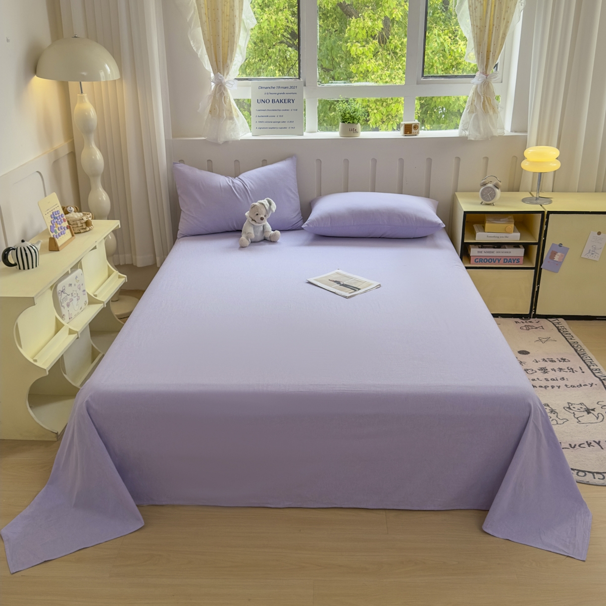 91家纺网 家纺一手货源 找家纺 宜家坊 2025新款A类色织全棉水洗棉床单单件纯棉格子纯色学生宿舍定制定做 纯色-浅紫