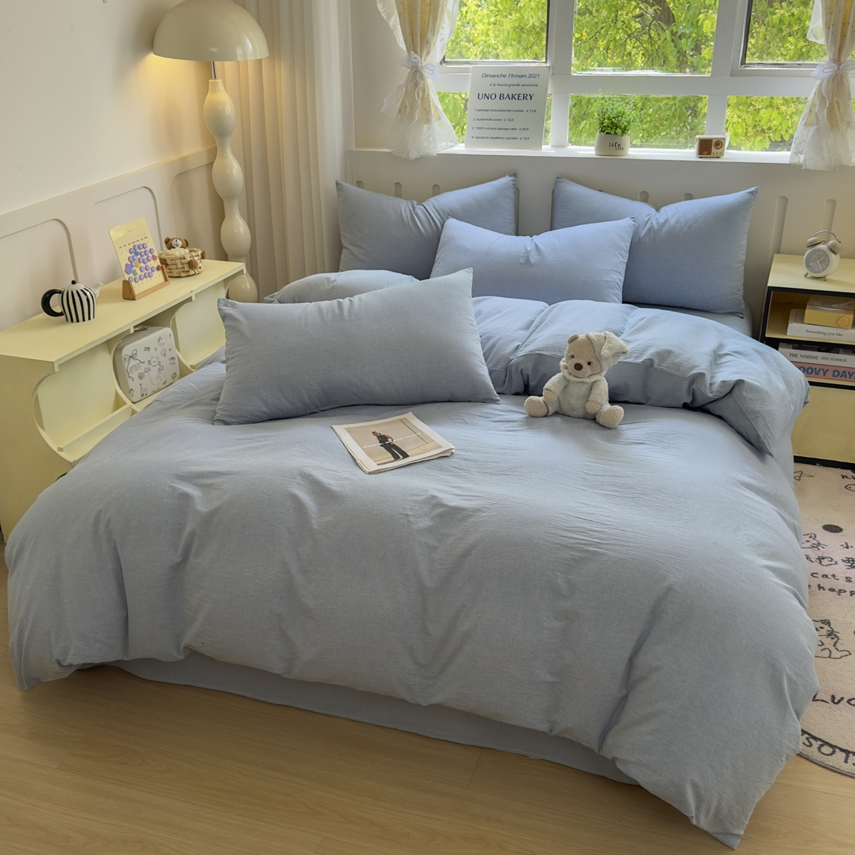 91家纺网 家纺一手货源 找家纺 宜家坊 2025新款A类全棉色织水洗棉四件套纯棉格子纯色被套学生宿舍三件套定制定做 纯色-浅蓝