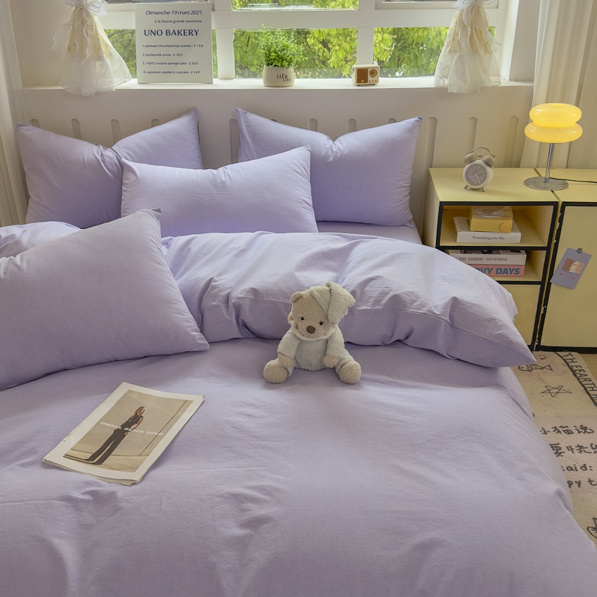 91家纺网 家纺一手货源 找家纺 宜家坊 2025新款A类全棉色织水洗棉四件套纯棉格子纯色被套学生宿舍三件套定制定做 纯色-浅紫