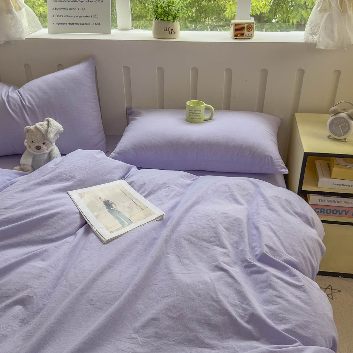 91家纺网 家纺一手货源 找家纺 宜家坊 2025新款A类全棉色织水洗棉四件套纯棉格子纯色被套学生宿舍三件套定制定做 纯色-浅紫