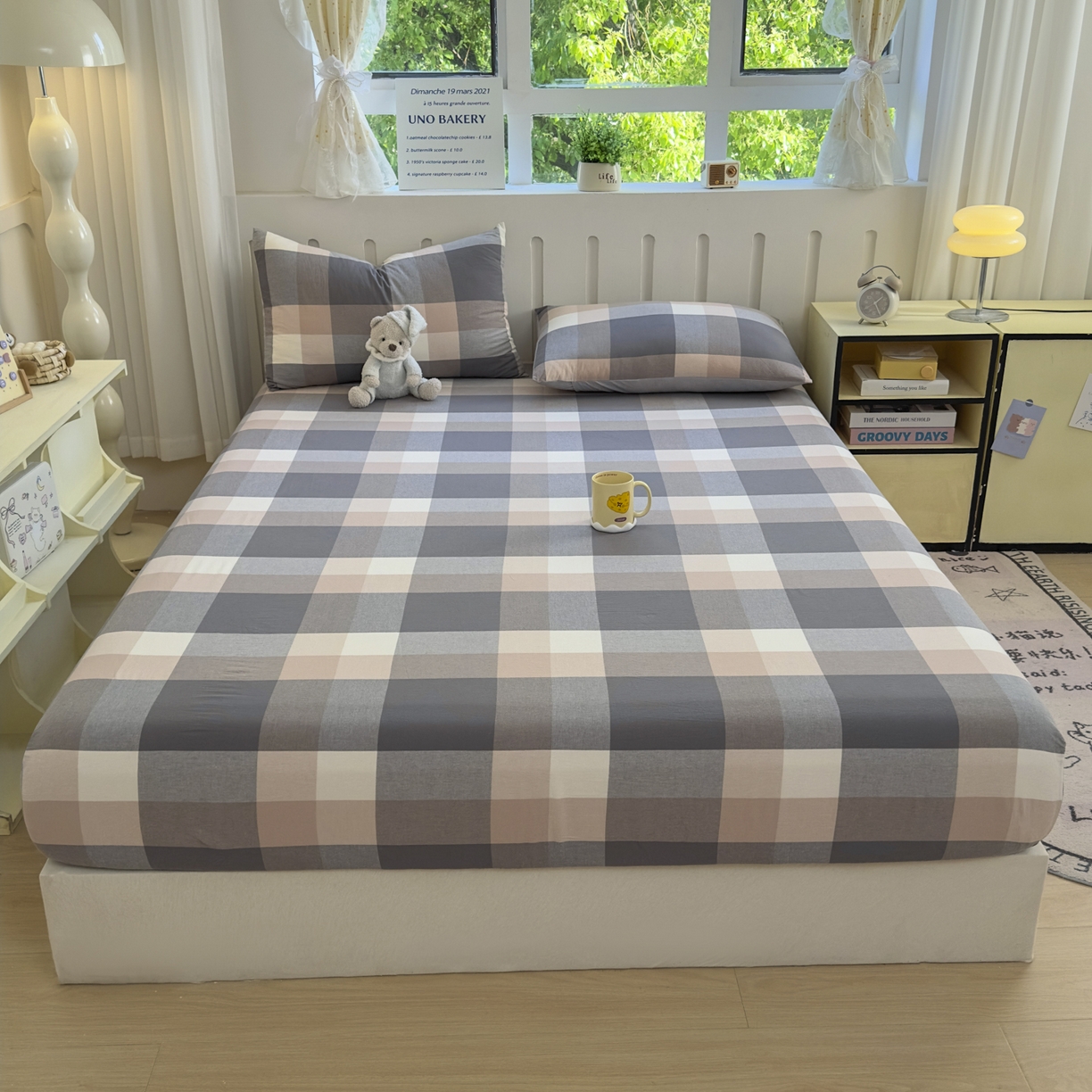 91家纺网 家纺一手货源 找家纺 宜家坊 2025新款A类色织全棉水洗棉床单单件纯棉格子纯色学生宿舍定制定做 洛伊灰咖大格