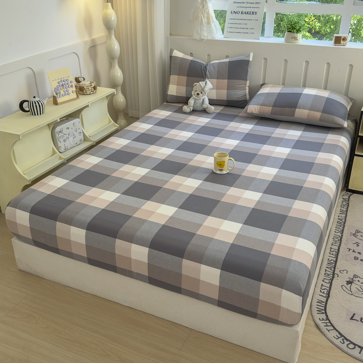 91家纺网 家纺一手货源 找家纺 宜家坊 2025新款A类色织全棉水洗棉床单单件纯棉格子纯色学生宿舍定制定做 洛伊灰咖大格