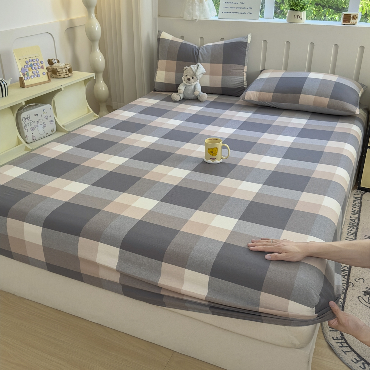 91家纺网 家纺一手货源 找家纺 宜家坊 2025新款A类色织全棉水洗棉床单单件纯棉格子纯色学生宿舍定制定做 洛伊灰咖大格