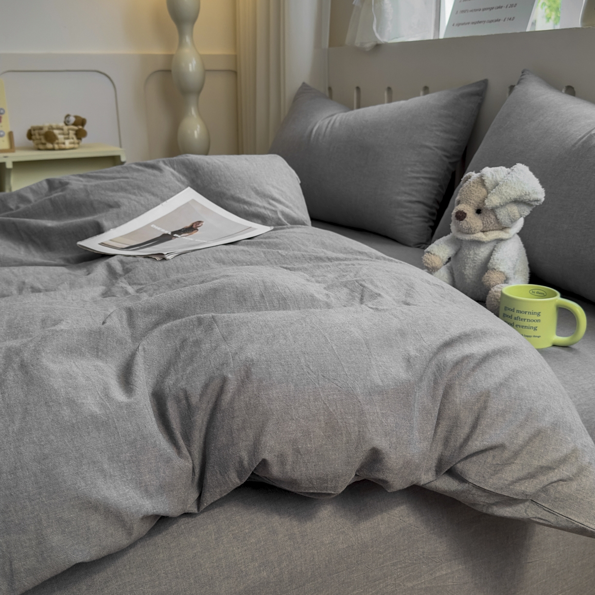 91家纺网 家纺一手货源 找家纺 宜家坊 2025新款A类全棉色织水洗棉四件套纯棉格子纯色被套学生宿舍三件套定制定做 纯色-烟灰