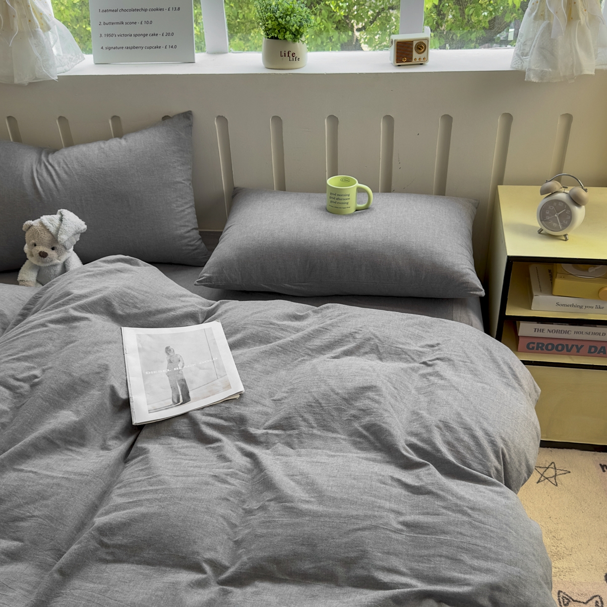 91家纺网 家纺一手货源 找家纺 宜家坊 2025新款A类全棉色织水洗棉四件套纯棉格子纯色被套学生宿舍三件套定制定做 纯色-烟灰