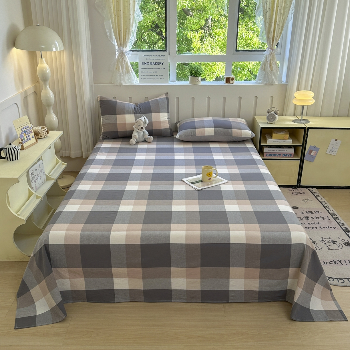 91家纺网 家纺一手货源 找家纺 宜家坊 2025新款A类色织全棉水洗棉床单单件纯棉格子纯色学生宿舍定制定做 洛伊灰咖大格