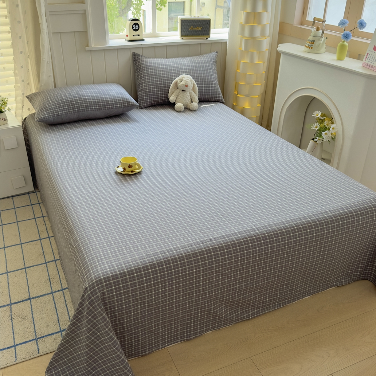 91家纺网 家纺一手货源 找家纺 宜家坊 2025新款A类色织全棉水洗棉床单单件纯棉格子纯色学生宿舍定制定做 米娜-绿灰