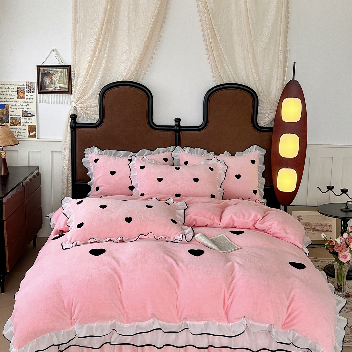 梦柏家纺 2025新款韩式牛奶绒刺绣花边床盖四件套 樱花粉