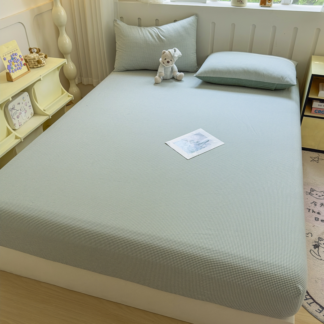 91家纺网 家纺一手货源 找家纺 宜家坊 2025新款A类色织全棉水洗棉床单单件纯棉格子纯色学生宿舍定制定做 密格-草绿