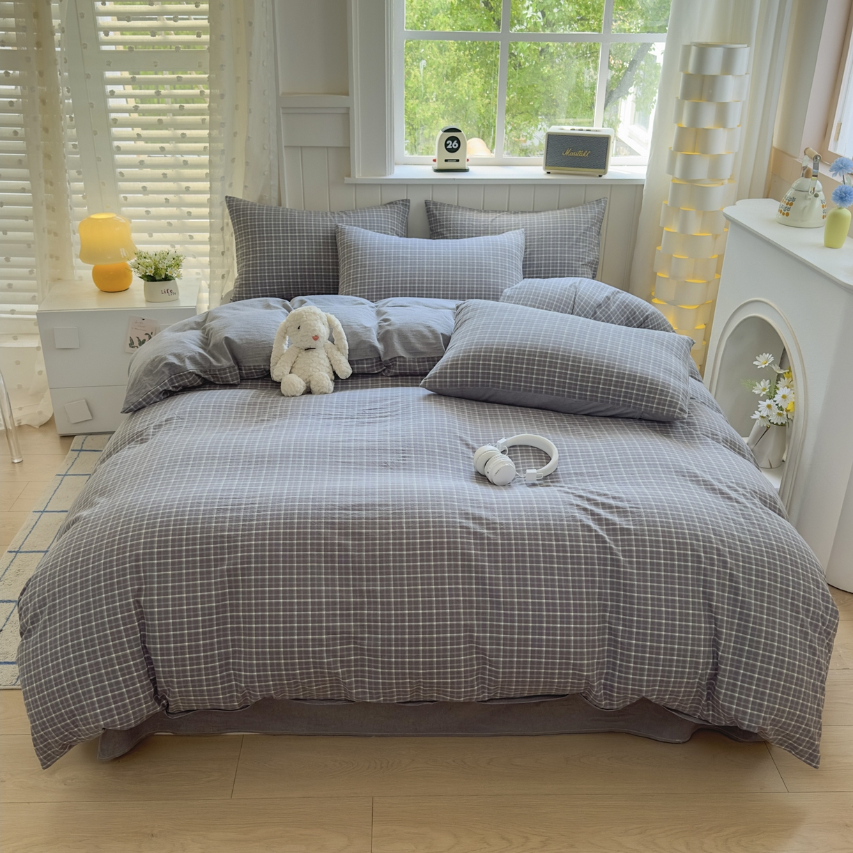 91家纺网 家纺一手货源 找家纺 宜家坊 2025新款A类全棉色织水洗棉四件套纯棉格子纯色被套学生宿舍三件套定制定做 米娜-绿灰