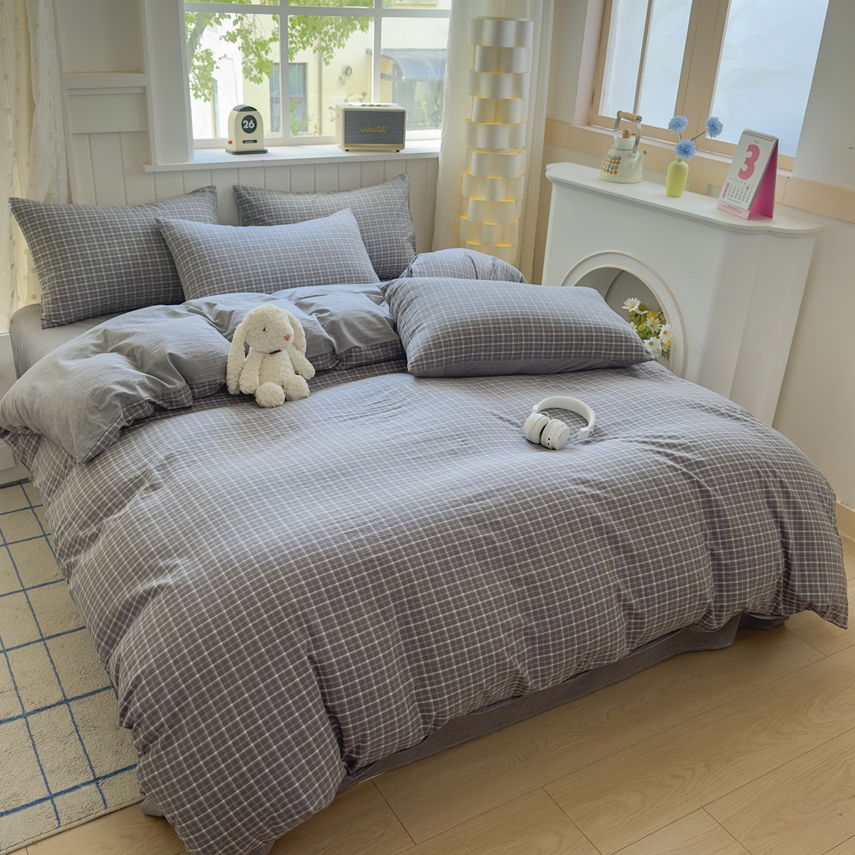 91家纺网 家纺一手货源 找家纺 宜家坊 2025新款A类全棉色织水洗棉四件套纯棉格子纯色被套学生宿舍三件套定制定做 米娜-绿灰