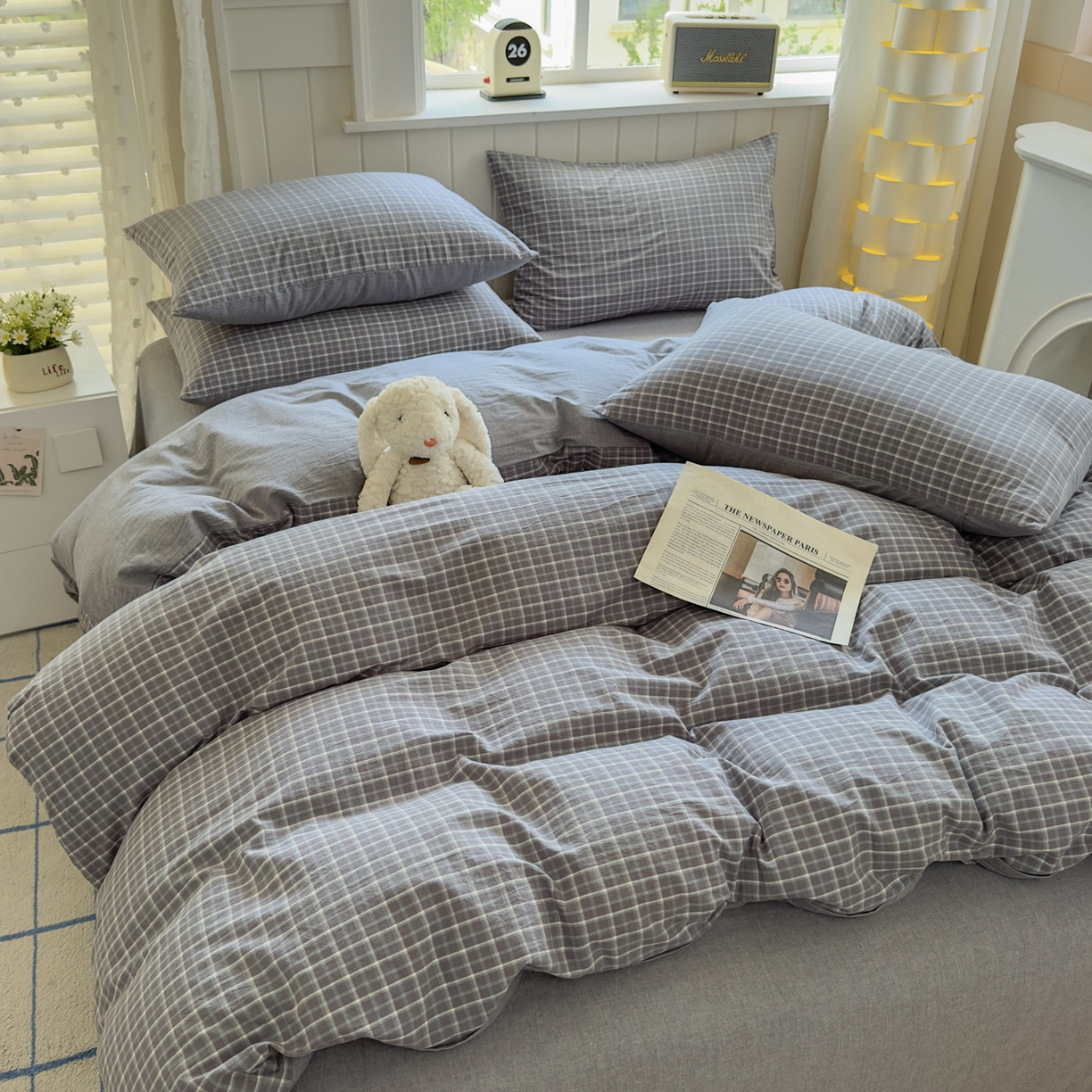 91家纺网 家纺一手货源 找家纺 宜家坊 2025新款A类全棉色织水洗棉四件套纯棉格子纯色被套学生宿舍三件套定制定做 米娜-绿灰