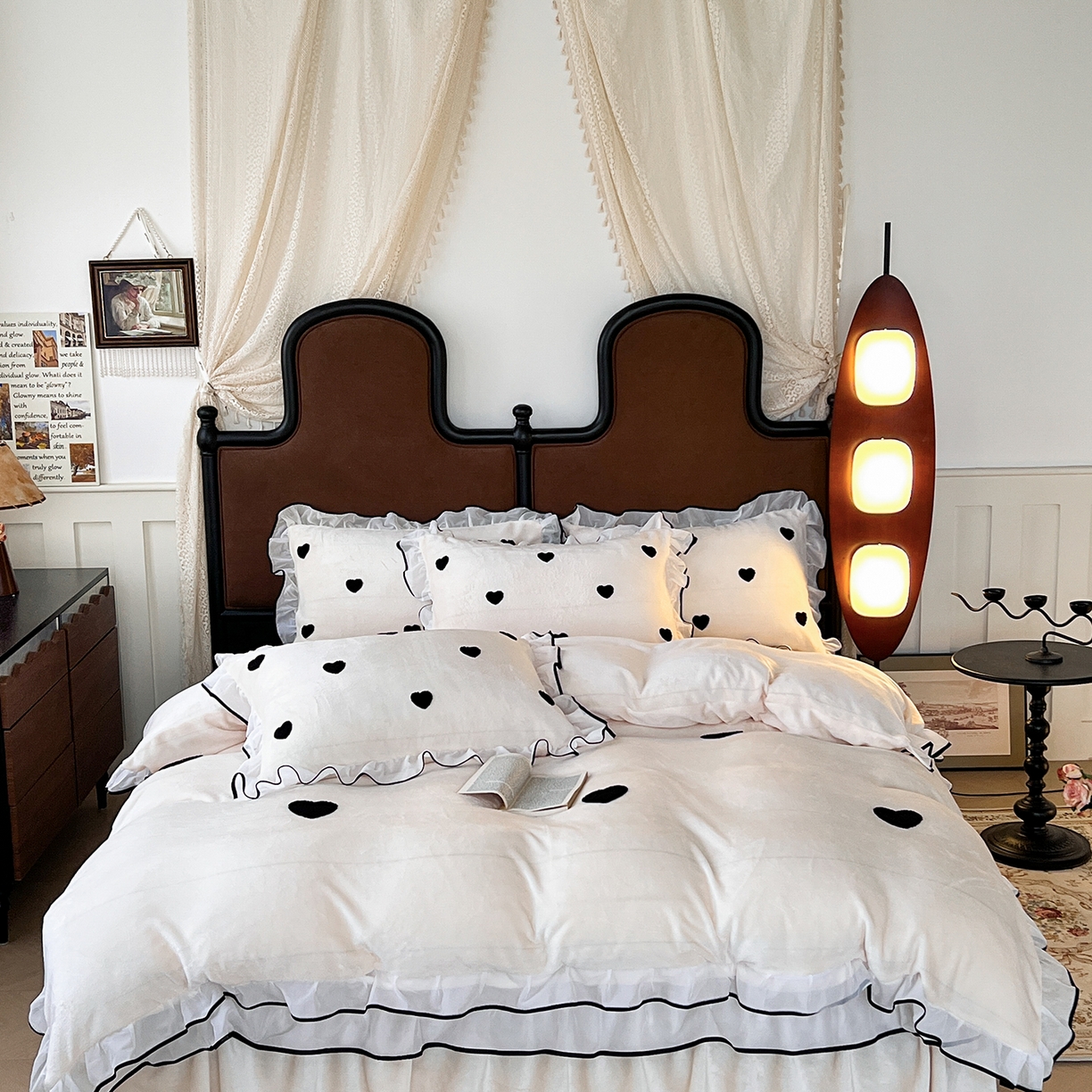 梦柏家纺 2025新款韩式牛奶绒刺绣花边床盖四件套 月光白