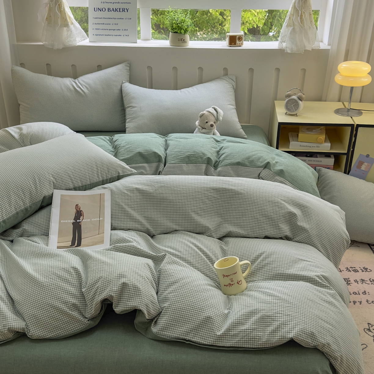 91家纺网 家纺一手货源 找家纺 宜家坊 2025新款A类全棉色织水洗棉四件套纯棉格子纯色被套学生宿舍三件套定制定做 密格-草绿