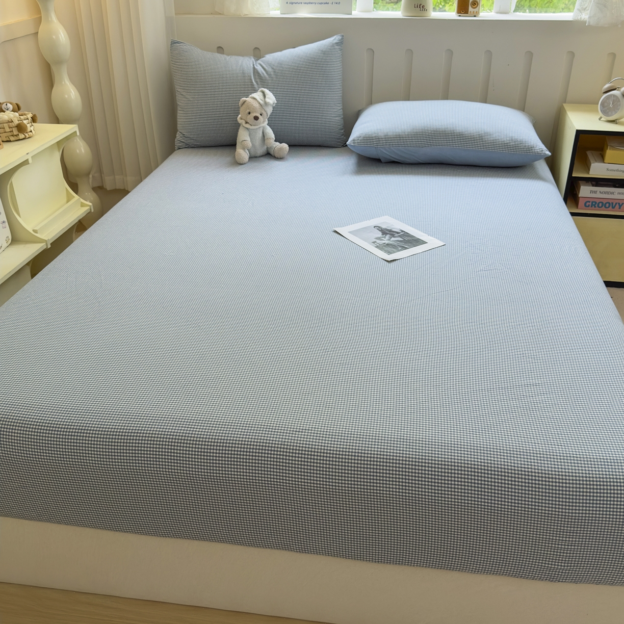 91家纺网 家纺一手货源 找家纺 宜家坊 2025新款A类色织全棉水洗棉床单单件纯棉格子纯色学生宿舍定制定做 密格-浅蓝