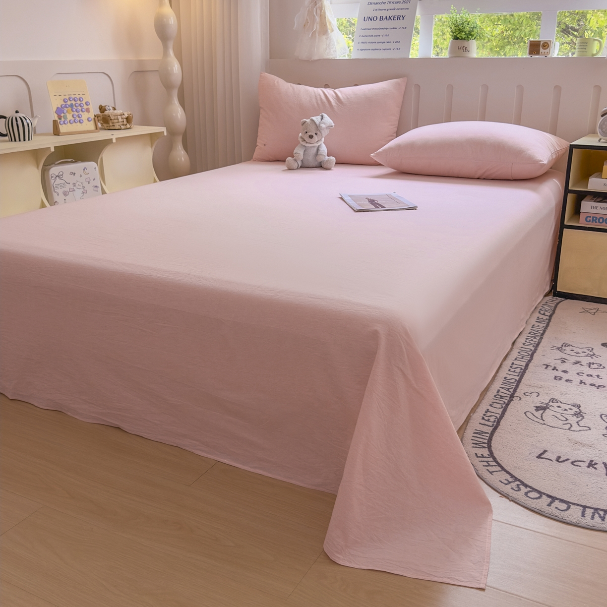 91家纺网 家纺一手货源 找家纺 宜家坊 2025新款A类全棉色织水洗棉四件套纯棉格子纯色被套学生宿舍三件套定制定做 密格-浅粉