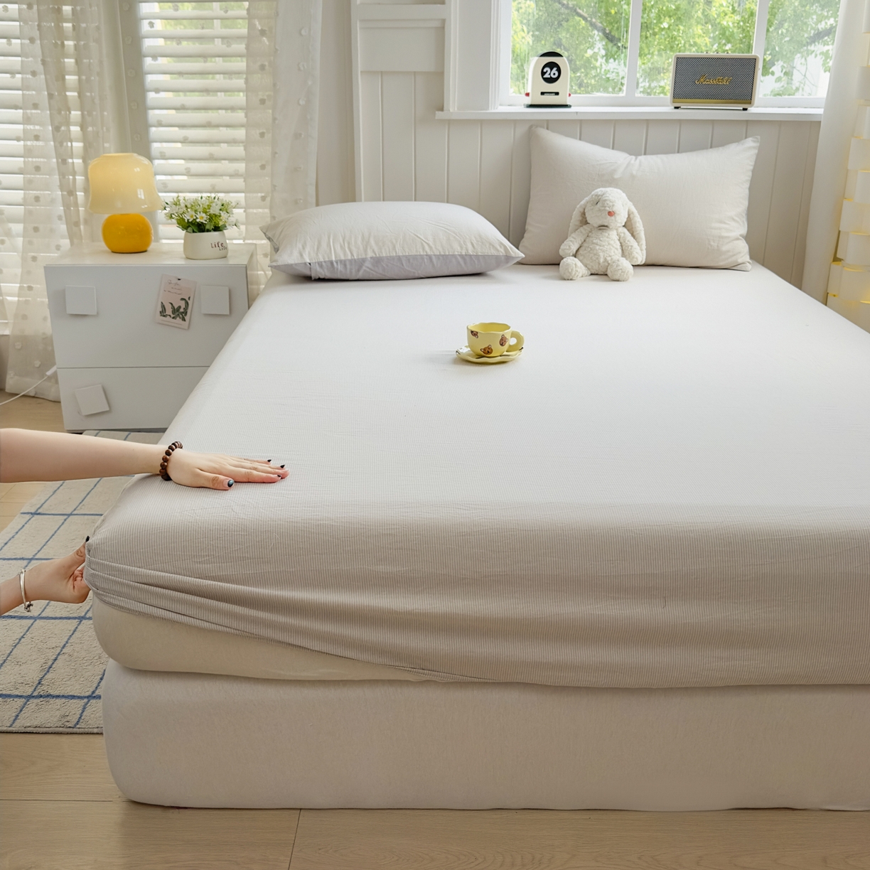 91家纺网 家纺一手货源 找家纺 宜家坊 2025新款A类色织全棉水洗棉床单单件纯棉格子纯色学生宿舍定制定做 密条-米灰