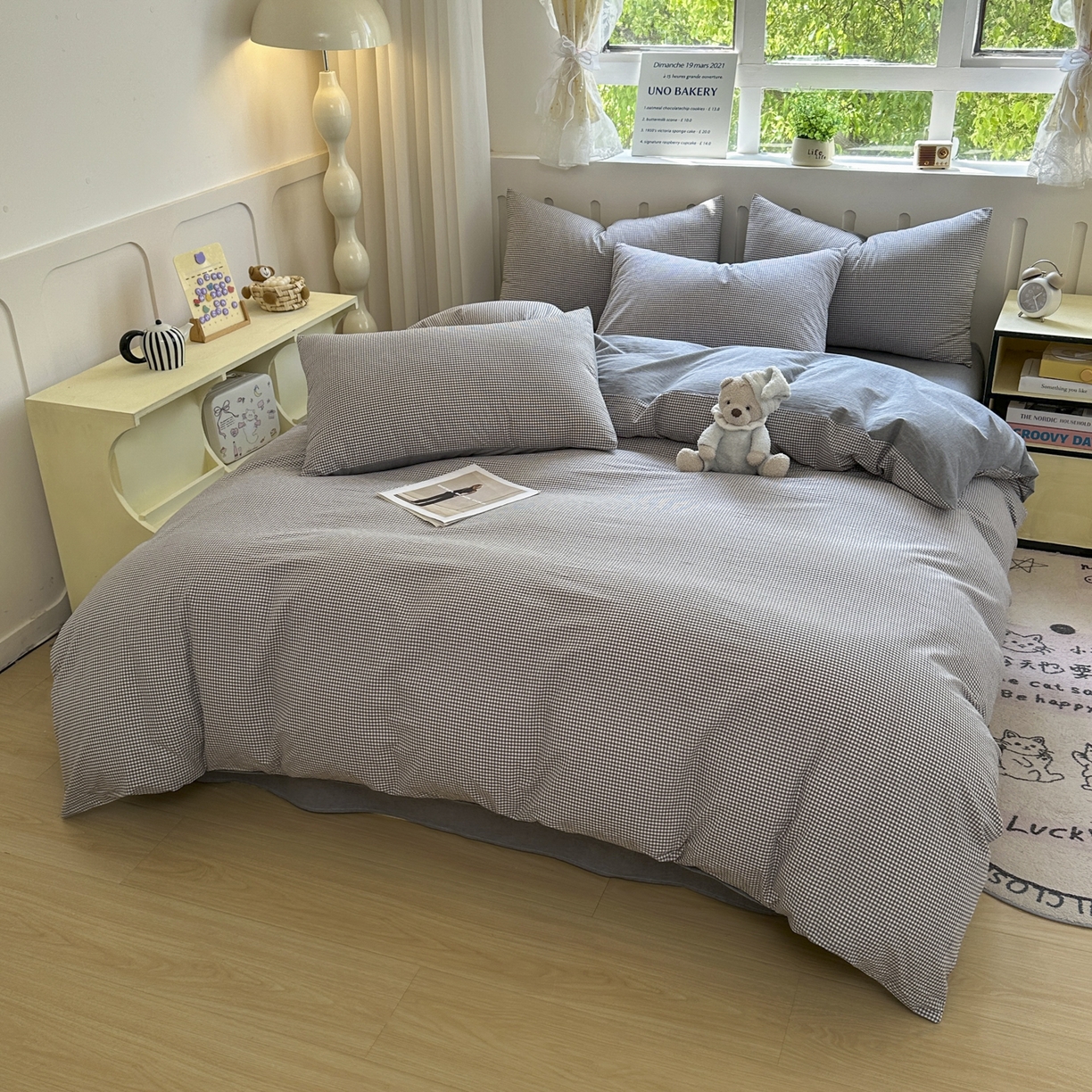 91家纺网 家纺一手货源 找家纺 宜家坊 2025新款A类全棉色织水洗棉四件套纯棉格子纯色被套学生宿舍三件套定制定做 密格-烟灰