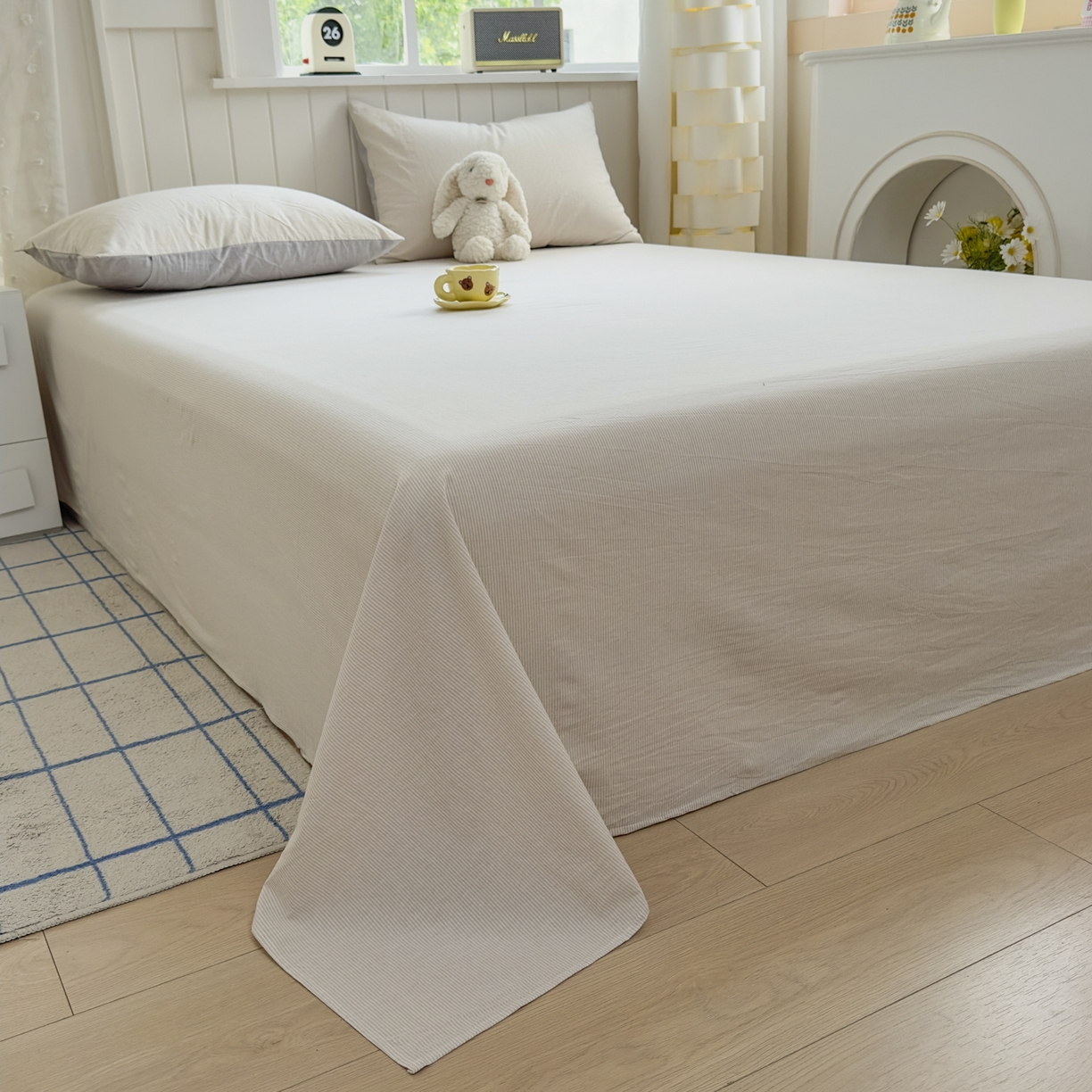 91家纺网 家纺一手货源 找家纺 宜家坊 2025新款A类色织全棉水洗棉床单单件纯棉格子纯色学生宿舍定制定做 密条-米灰