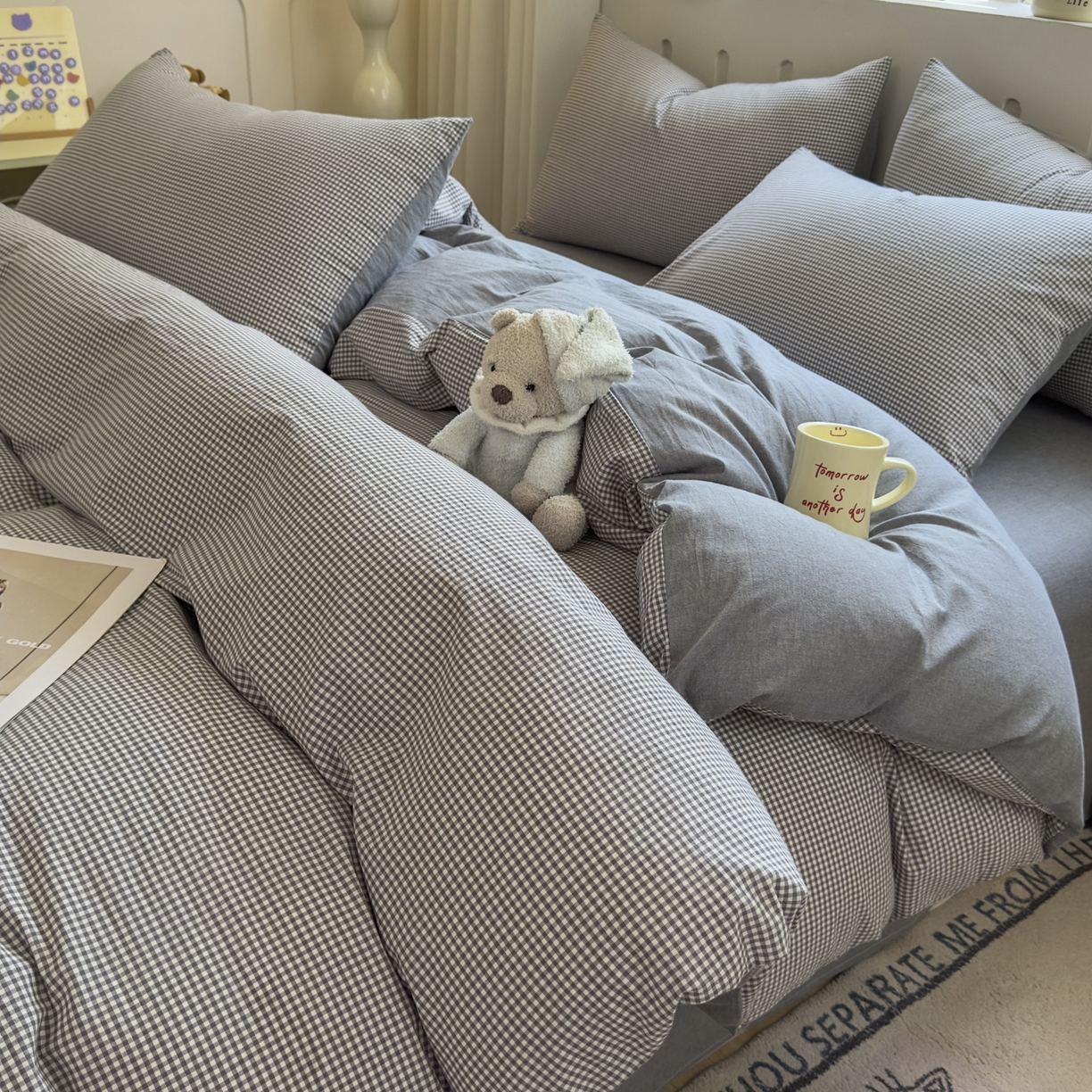 91家纺网 家纺一手货源 找家纺 宜家坊 2025新款A类全棉色织水洗棉四件套纯棉格子纯色被套学生宿舍三件套定制定做 密格-烟灰