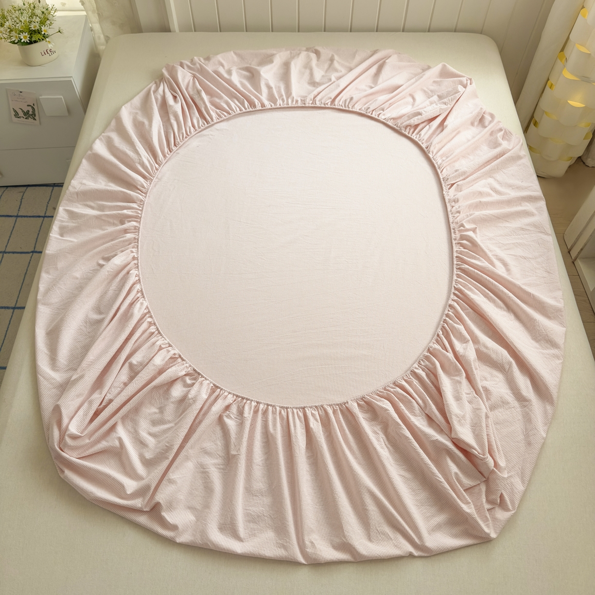 91家纺网 家纺一手货源 找家纺 宜家坊 2025新款A类色织全棉水洗棉床单单件纯棉格子纯色学生宿舍定制定做 密条-浅粉