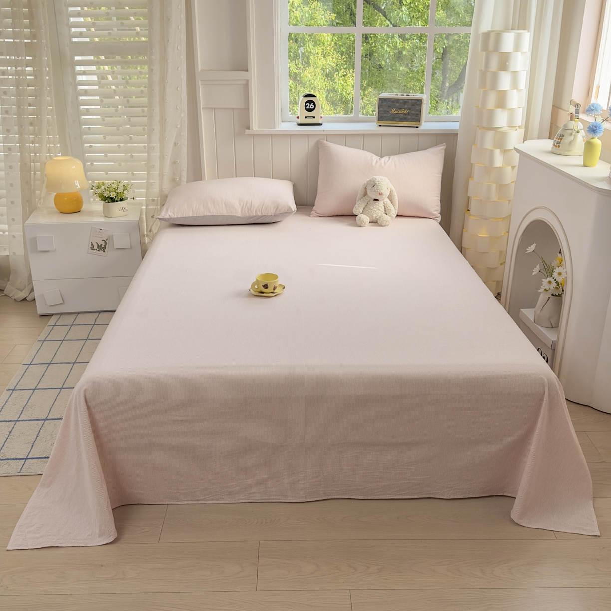 91家纺网 家纺一手货源 找家纺 宜家坊 2025新款A类色织全棉水洗棉床单单件纯棉格子纯色学生宿舍定制定做 密条-浅粉