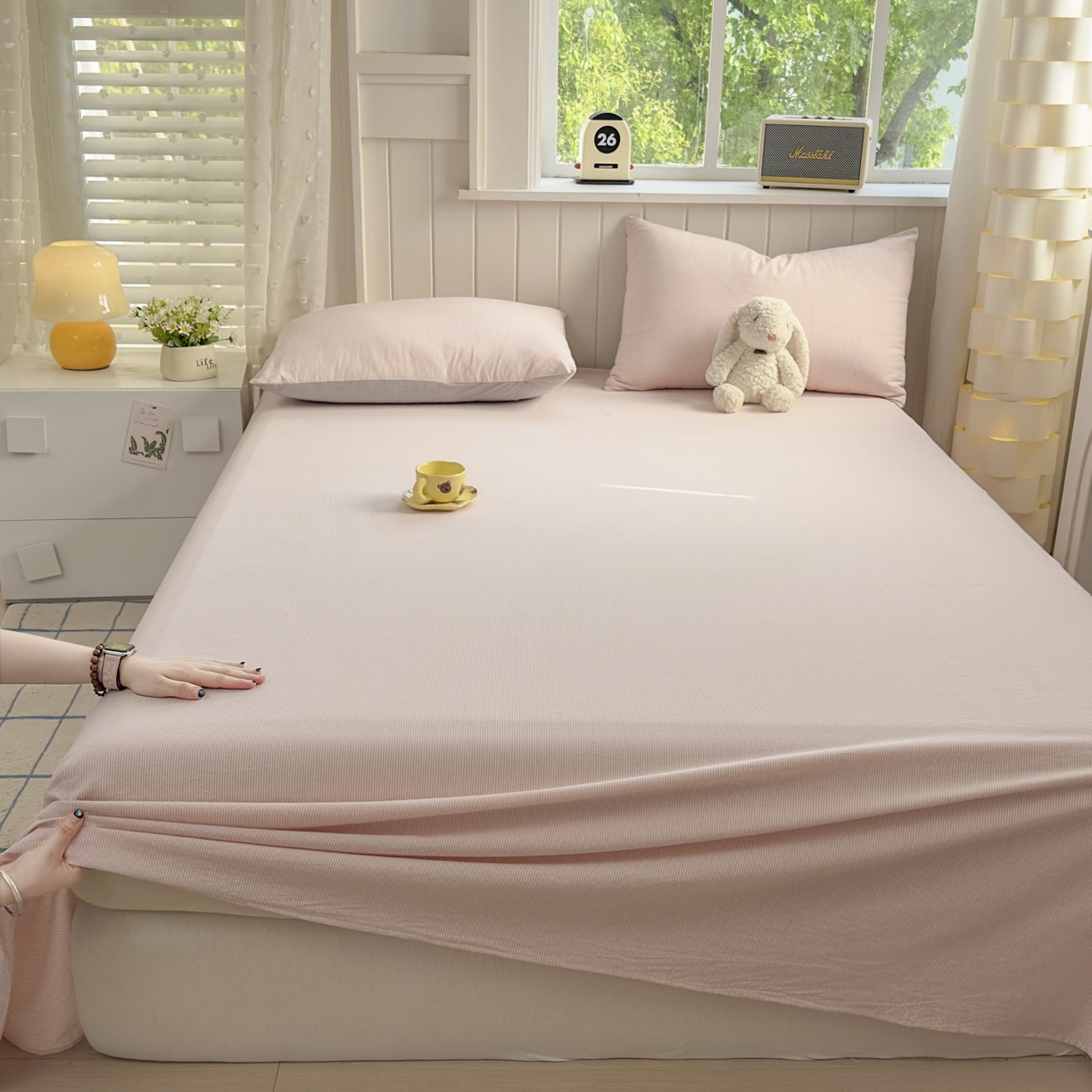 91家纺网 家纺一手货源 找家纺 宜家坊 2025新款A类色织全棉水洗棉床单单件纯棉格子纯色学生宿舍定制定做 密条-浅粉