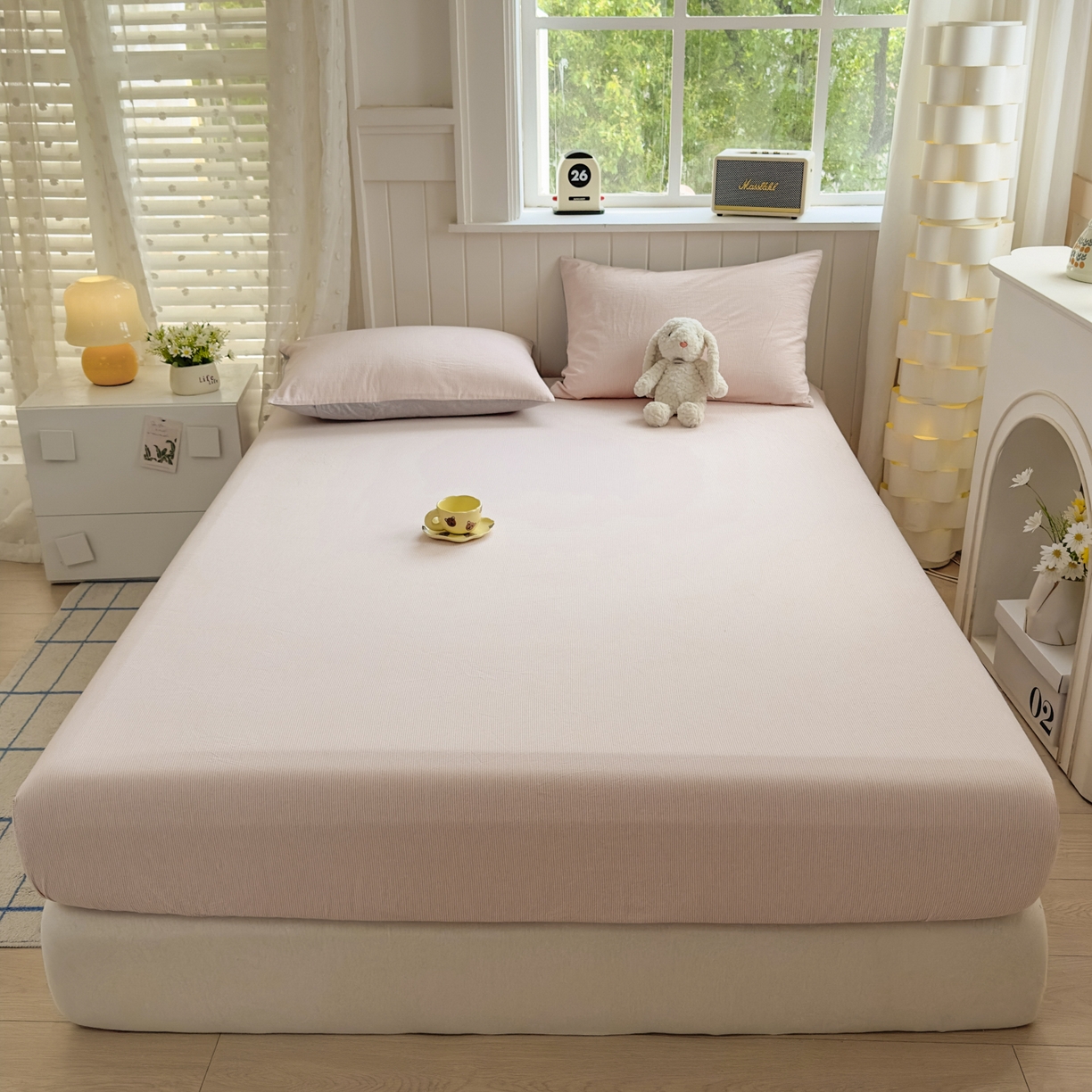 91家纺网 家纺一手货源 找家纺 宜家坊 2025新款A类色织全棉水洗棉床单单件纯棉格子纯色学生宿舍定制定做 密条-浅粉