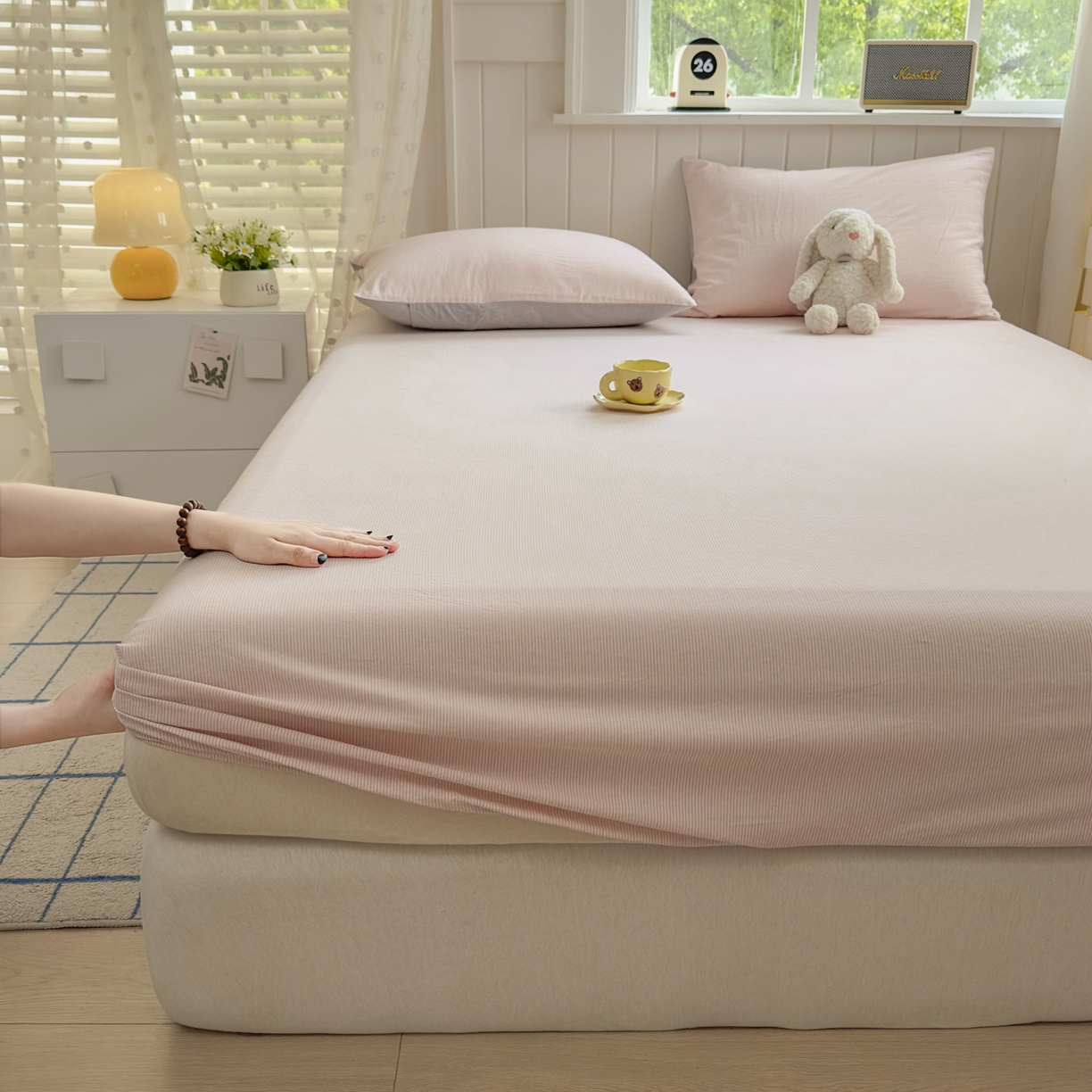 91家纺网 家纺一手货源 找家纺 宜家坊 2025新款A类色织全棉水洗棉床单单件纯棉格子纯色学生宿舍定制定做 密条-浅粉