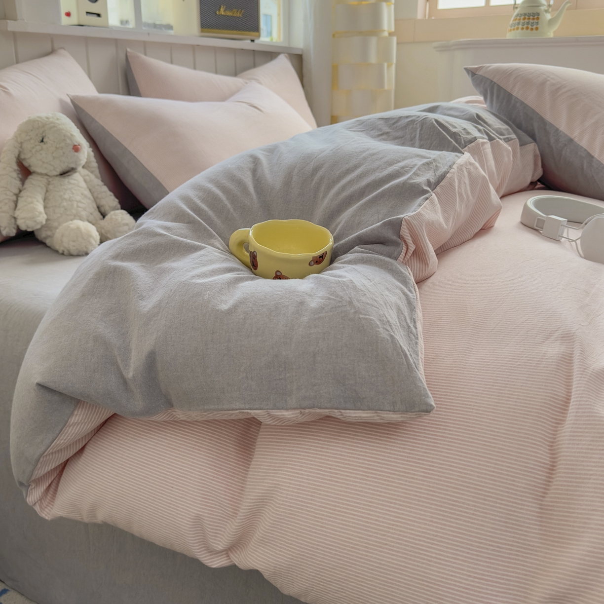 91家纺网 家纺一手货源 找家纺 宜家坊 2025新款A类全棉色织水洗棉四件套纯棉格子纯色被套学生宿舍三件套定制定做 密条-粉灰