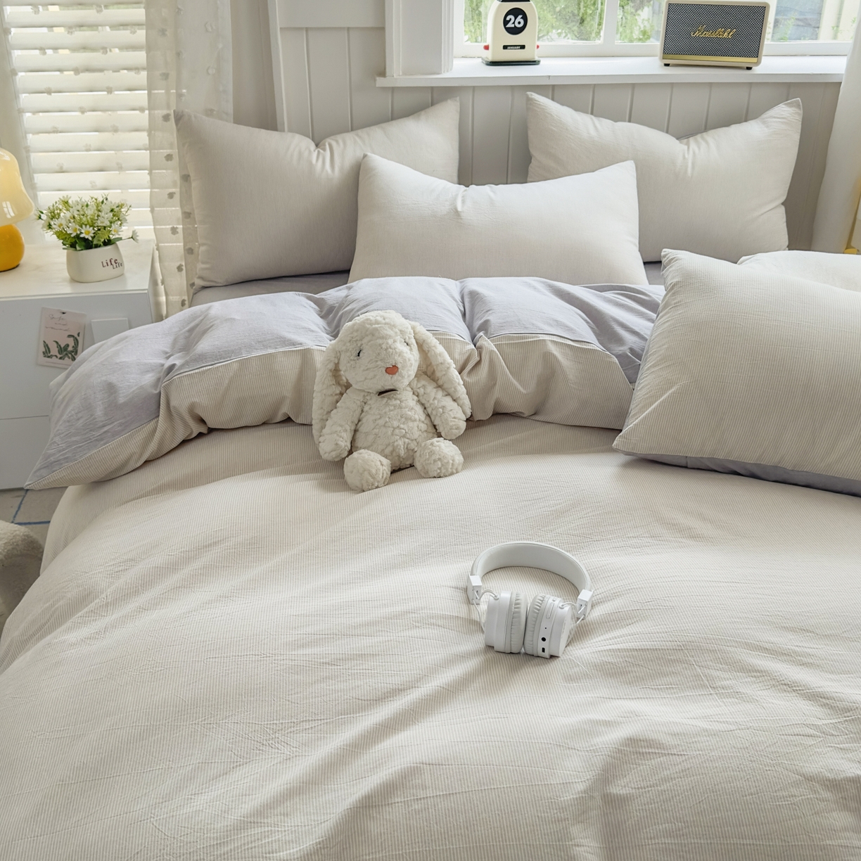 91家纺网 家纺一手货源 找家纺 宜家坊 2025新款A类全棉色织水洗棉四件套纯棉格子纯色被套学生宿舍三件套定制定做 密条-米灰