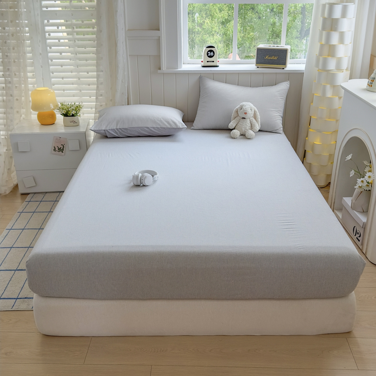 91家纺网 家纺一手货源 找家纺 宜家坊 2025新款A类色织全棉水洗棉床单单件纯棉格子纯色学生宿舍定制定做 密条-浅灰