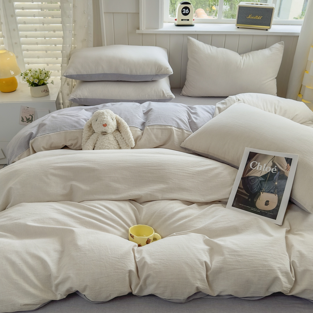 91家纺网 家纺一手货源 找家纺 宜家坊 2025新款A类全棉色织水洗棉四件套纯棉格子纯色被套学生宿舍三件套定制定做 密条-米灰