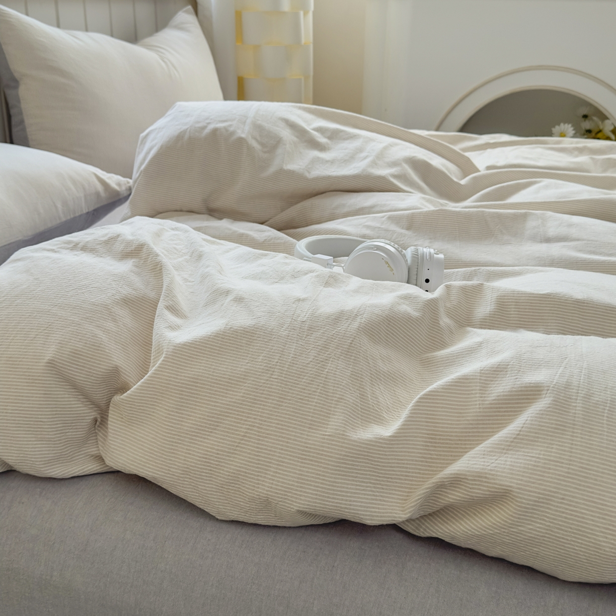 91家纺网 家纺一手货源 找家纺 宜家坊 2025新款A类全棉色织水洗棉四件套纯棉格子纯色被套学生宿舍三件套定制定做 密条-米灰