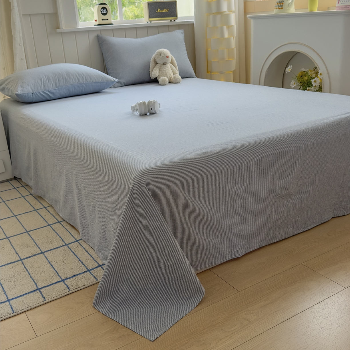 91家纺网 家纺一手货源 找家纺 宜家坊 2025新款A类色织全棉水洗棉床单单件纯棉格子纯色学生宿舍定制定做 密条-浅蓝