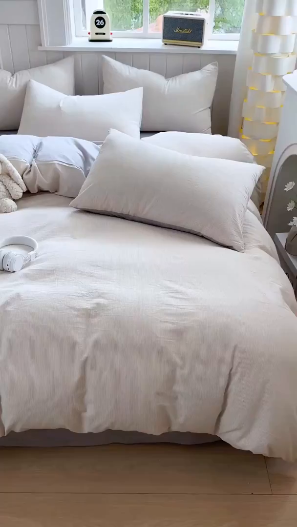 91家纺网 家纺一手货源 找家纺 宜家坊 2025新款A类全棉色织水洗棉四件套纯棉格子纯色被套学生宿舍三件套定制定做 密条-米灰