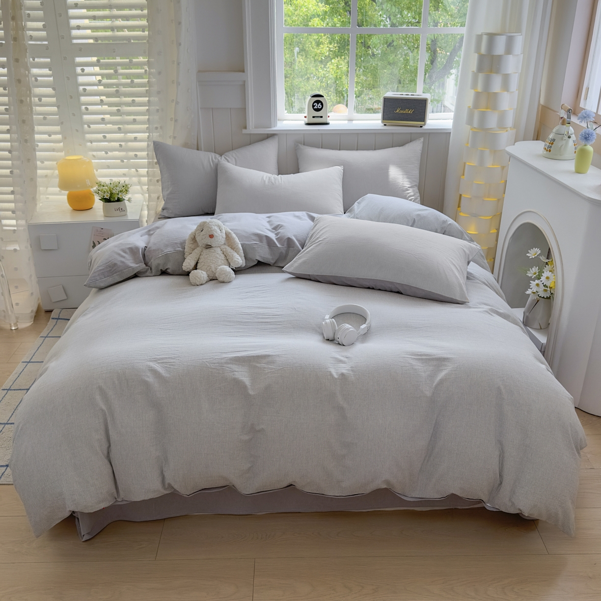 91家纺网 家纺一手货源 找家纺 宜家坊 2025新款A类全棉色织水洗棉四件套纯棉格子纯色被套学生宿舍三件套定制定做 密条-浅灰