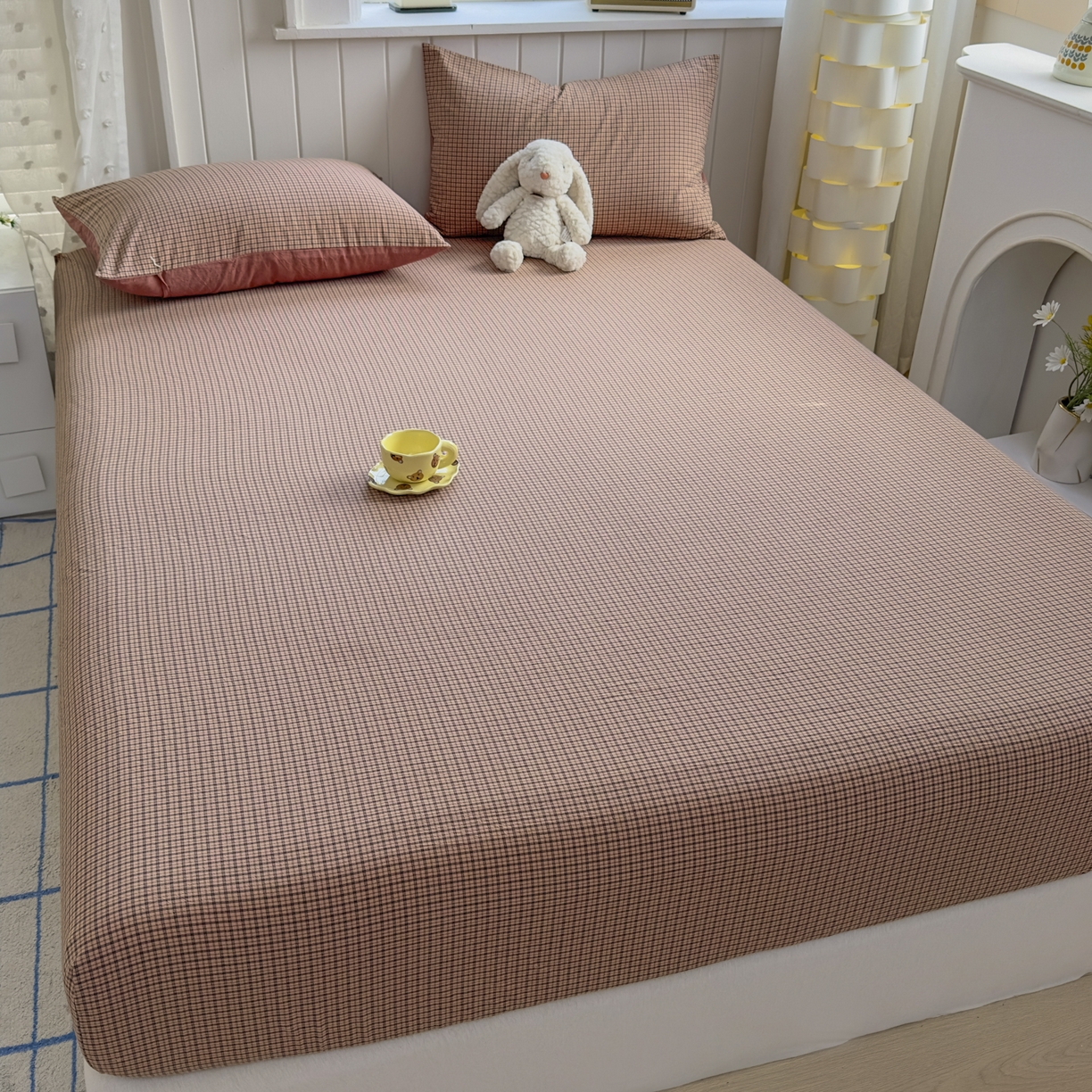 91家纺网 家纺一手货源 找家纺 宜家坊 2025新款A类色织全棉水洗棉床单单件纯棉格子纯色学生宿舍定制定做 沐风-粉红