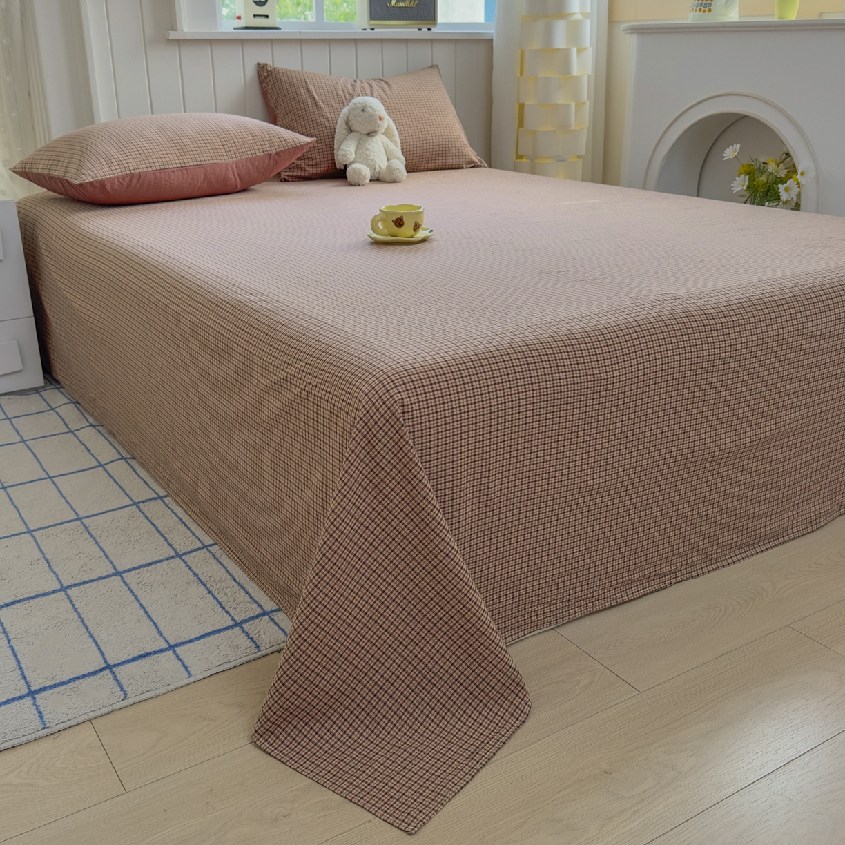 91家纺网 家纺一手货源 找家纺 宜家坊 2025新款A类色织全棉水洗棉床单单件纯棉格子纯色学生宿舍定制定做 沐风-粉红