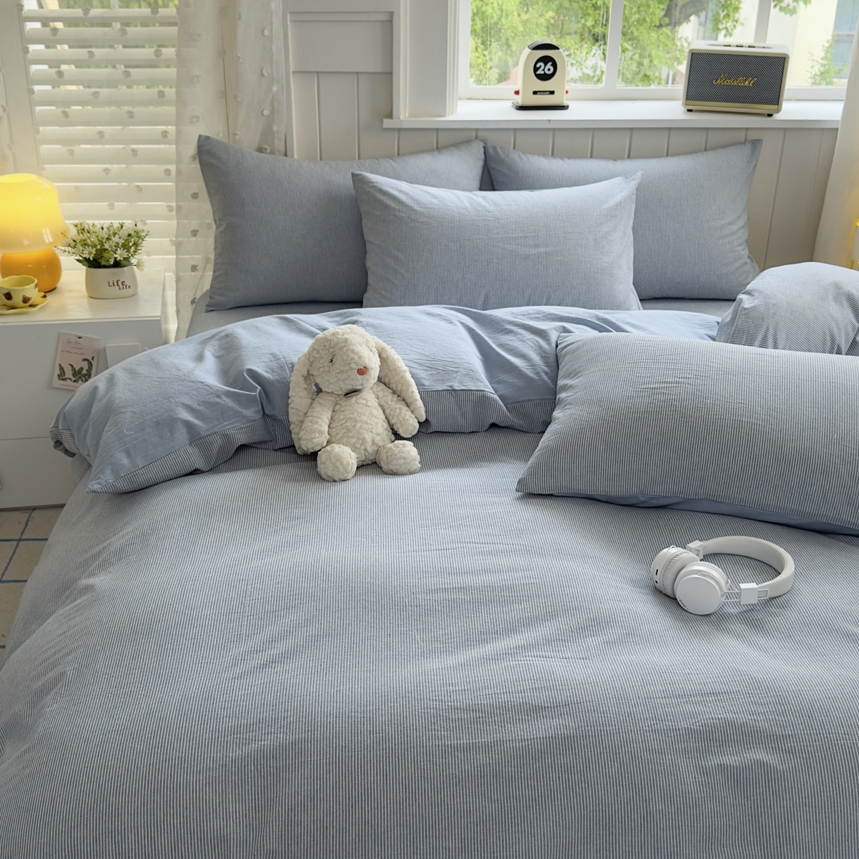 91家纺网 家纺一手货源 找家纺 宜家坊 2025新款A类全棉色织水洗棉四件套纯棉格子纯色被套学生宿舍三件套定制定做 密条-浅蓝