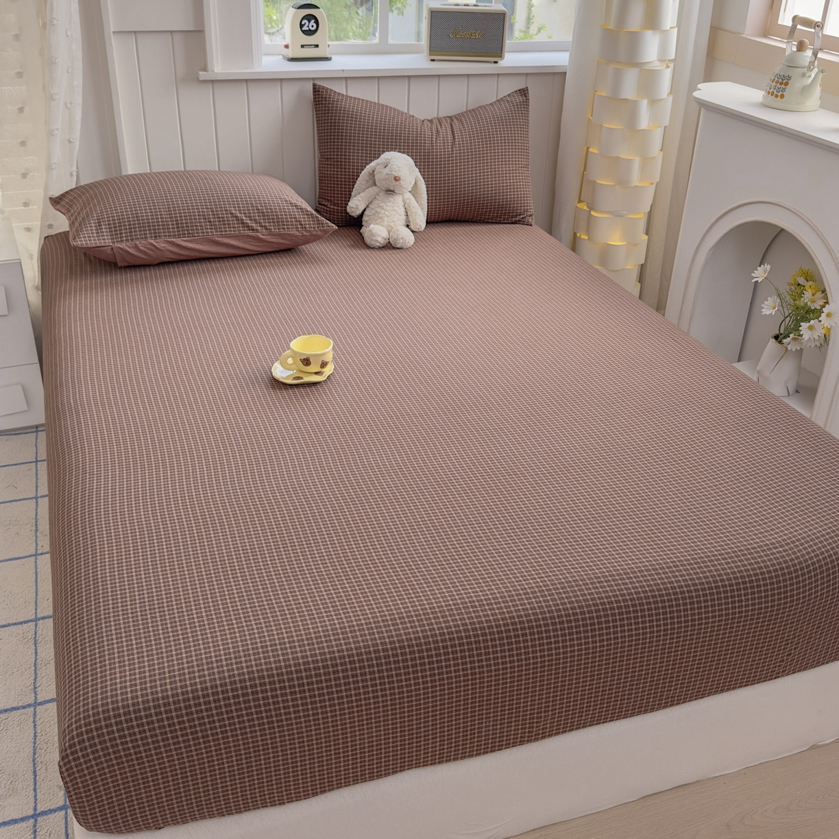 91家纺网 家纺一手货源 找家纺 宜家坊 2025新款A类色织全棉水洗棉床单单件纯棉格子纯色学生宿舍定制定做 沐风-焦糖
