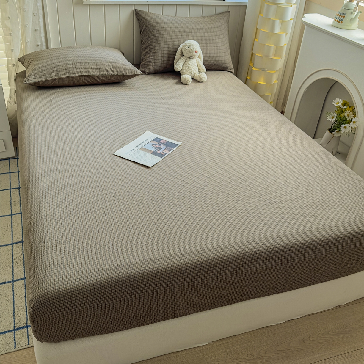 91家纺网 家纺一手货源 找家纺 宜家坊 2025新款A类色织全棉水洗棉床单单件纯棉格子纯色学生宿舍定制定做 沐风-兰咖