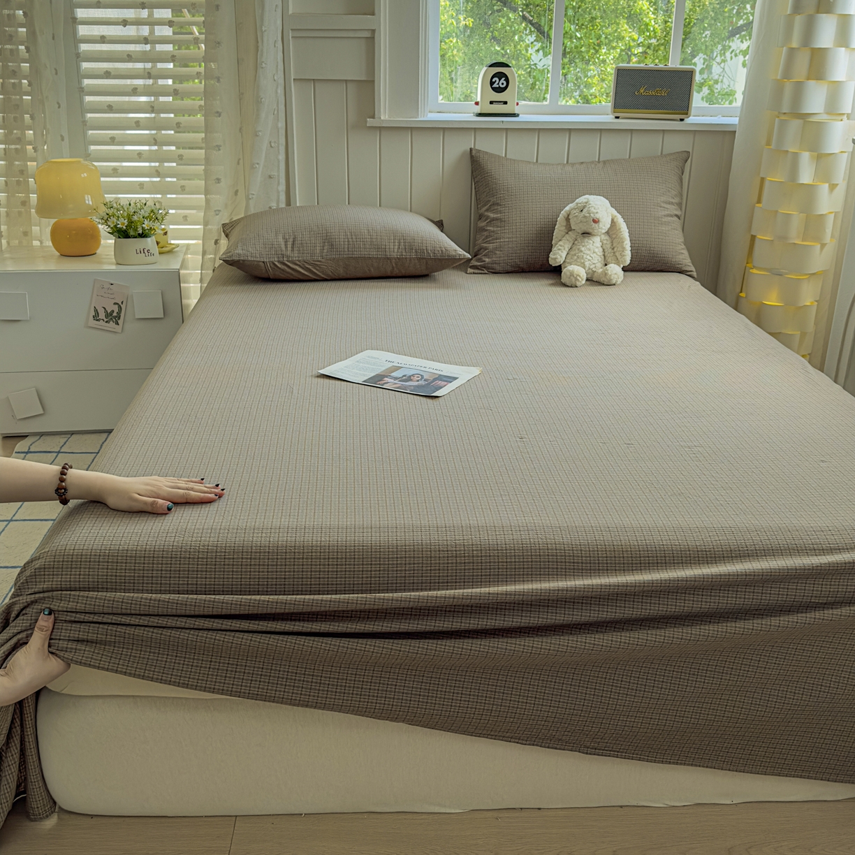 91家纺网 家纺一手货源 找家纺 宜家坊 2025新款A类色织全棉水洗棉床单单件纯棉格子纯色学生宿舍定制定做 沐风-兰咖