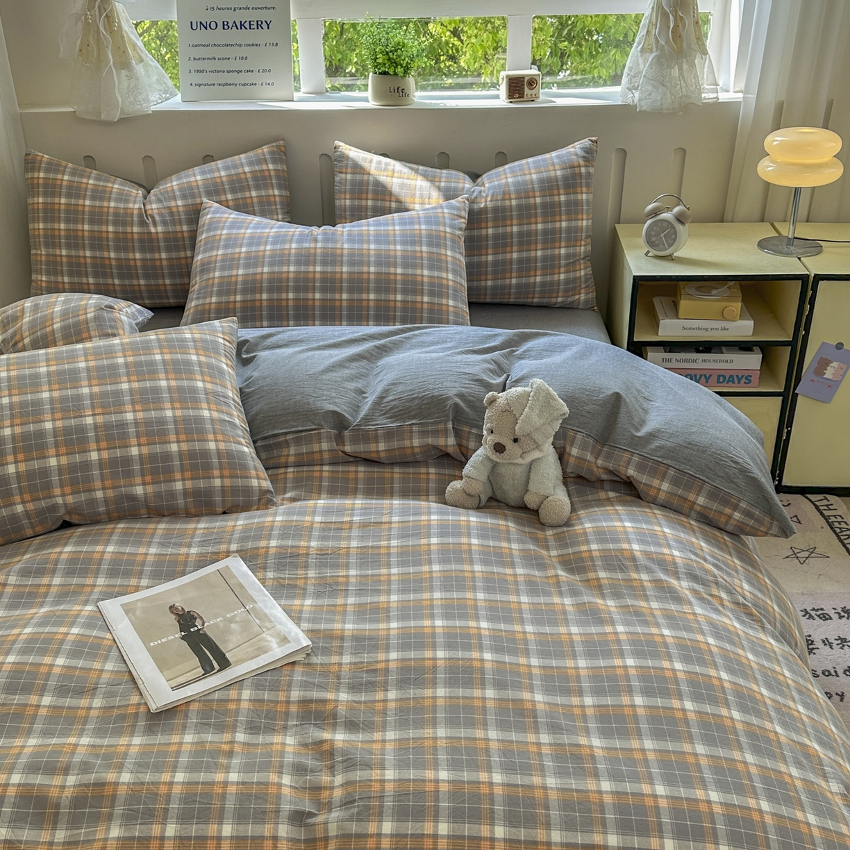 91家纺网 家纺一手货源 找家纺 宜家坊 2025新款A类全棉色织水洗棉四件套纯棉格子纯色被套学生宿舍三件套定制定做 映像格-橙灰