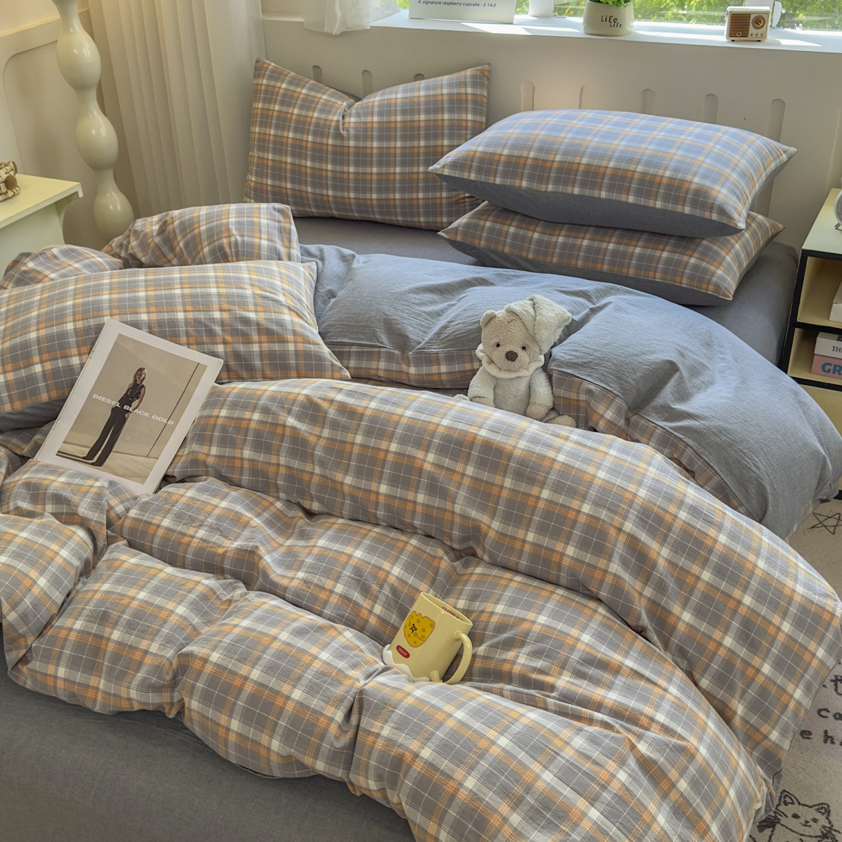 91家纺网 家纺一手货源 找家纺 宜家坊 2025新款A类全棉色织水洗棉四件套纯棉格子纯色被套学生宿舍三件套定制定做 映像格-橙灰